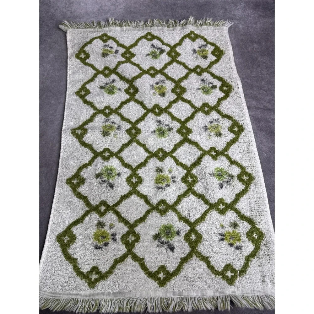 Fashion Manor  Green & White Vintage Floral Fringe‎ Towel Set Cotton Retro